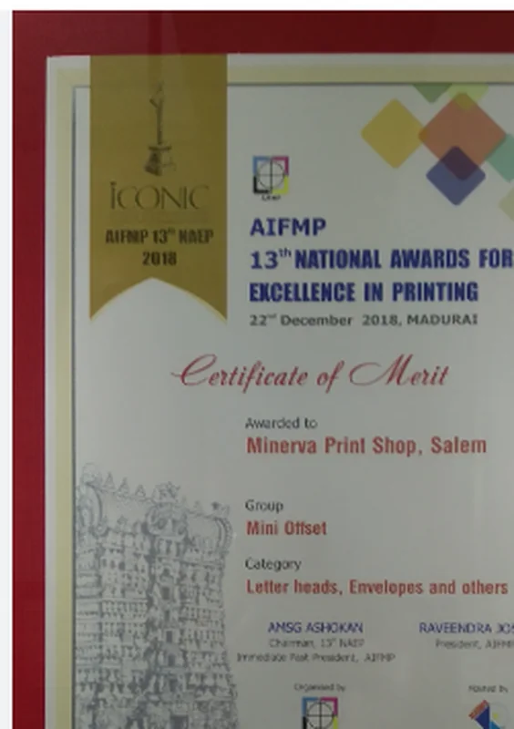Certificate of Merit awarded to Minerva Print Shop, Salem