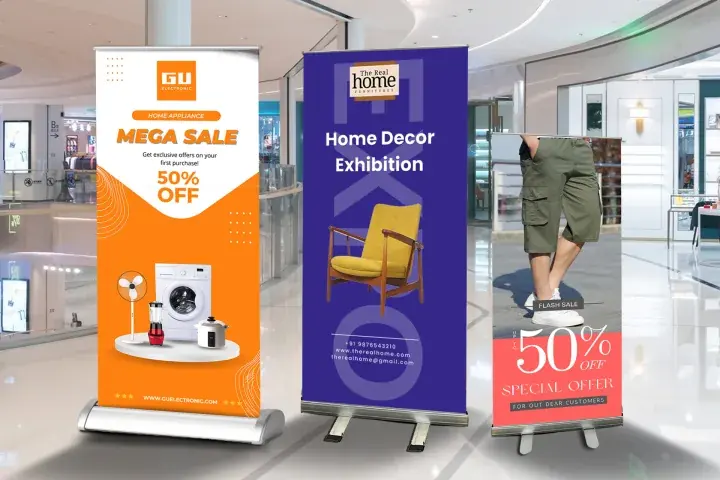 Roll-up standees in a shopping mall