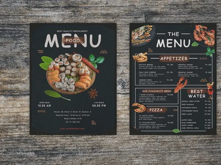 Restaurant menu cards on a wooden table