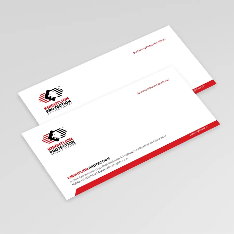 Printed envelopes with a red and black logo