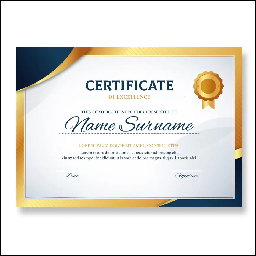 Certificate with a gold and blue border